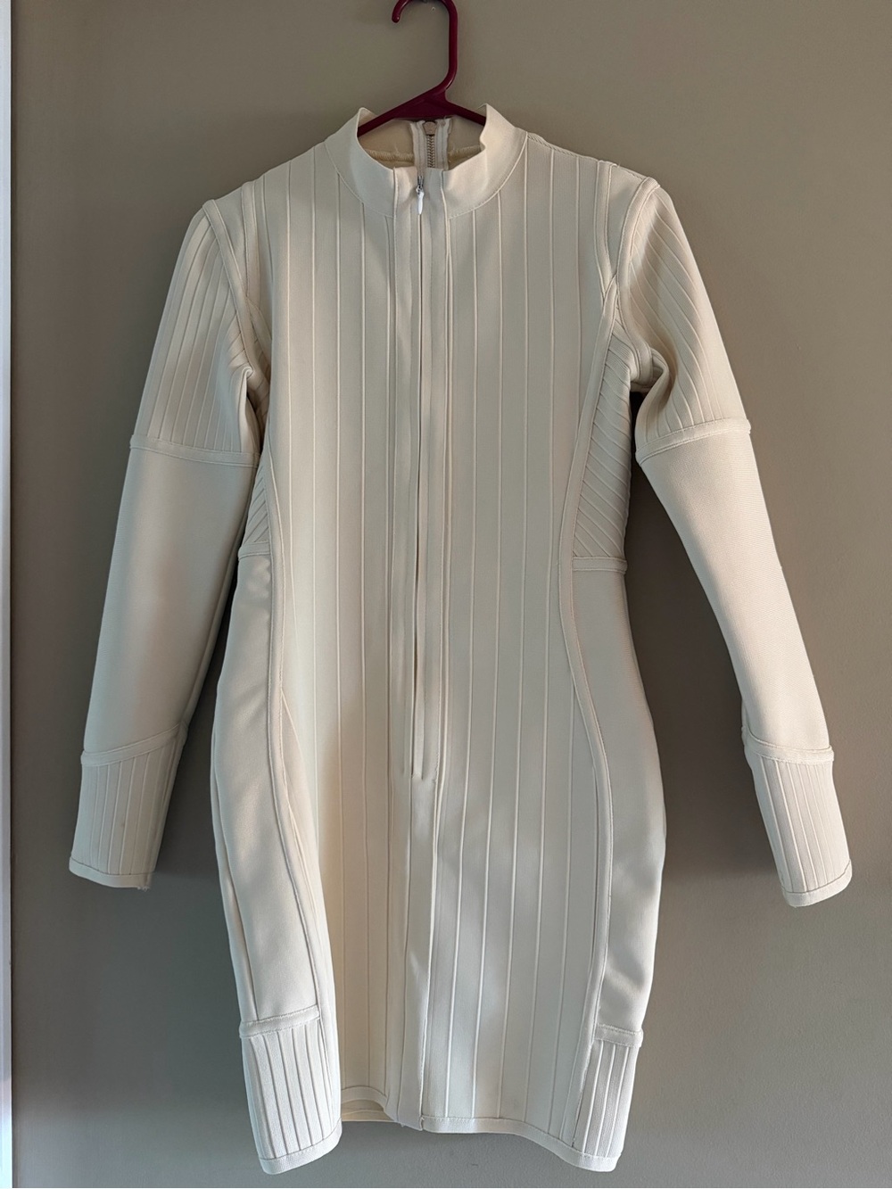 Cream Long-Sleeve Zip-Front Ribbed Sheath Dress